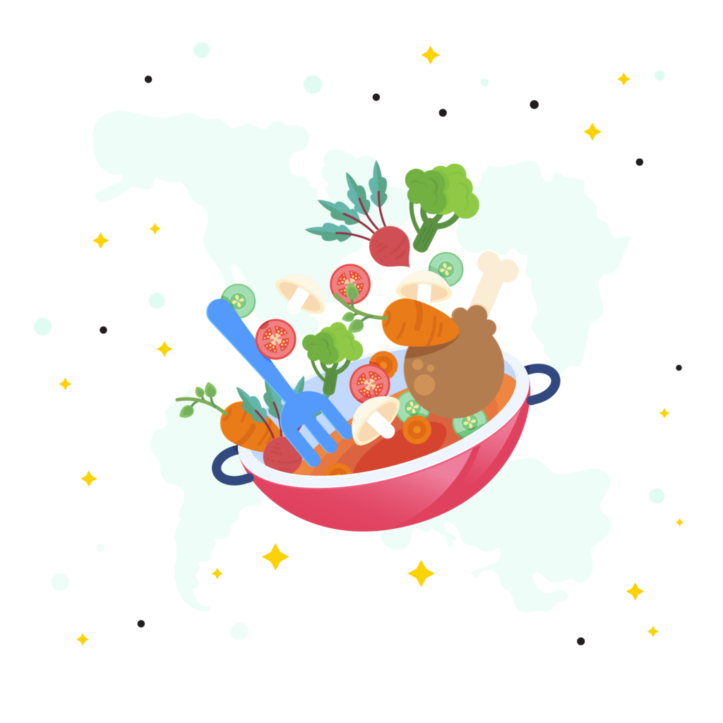 : A kitchen or cooking pot with a world map overlay, symbolizing global culinary exploration. Inside the pot or surrounding it, various ingredients from different cuisines, such as spices, herbs, vegetables, and condiments, can be depicted. Additionally, cooking utensils like pots, pans, and spatulas can be included to signify the act of cooking at home.